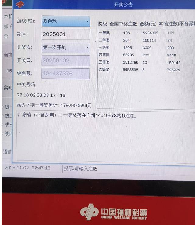 亿元大奖!福彩双色球新年首期开奖广州一站点中101注