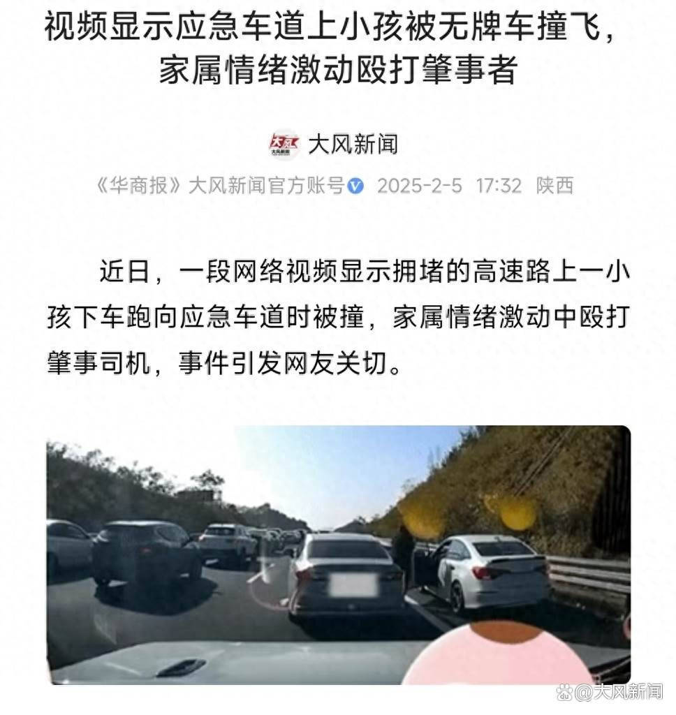 无牌车应急车道上撞飞小孩，家属情绪激动殴打肇事者，广东交警证实：事发惠州路段，当地交警尚未回应