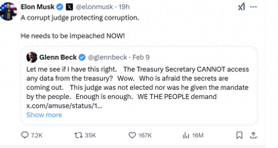 DOGE访问财政部系统受阻 马斯克呼吁弹劾法官:这是在保护腐败!