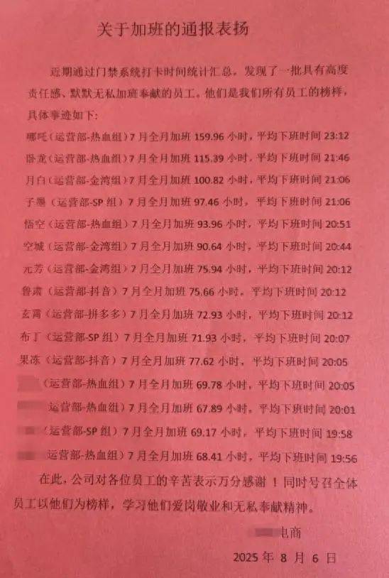 上海一公司通报加班表扬名单,最高时长近160小时,工作人员称非强制,需申请会有加班费