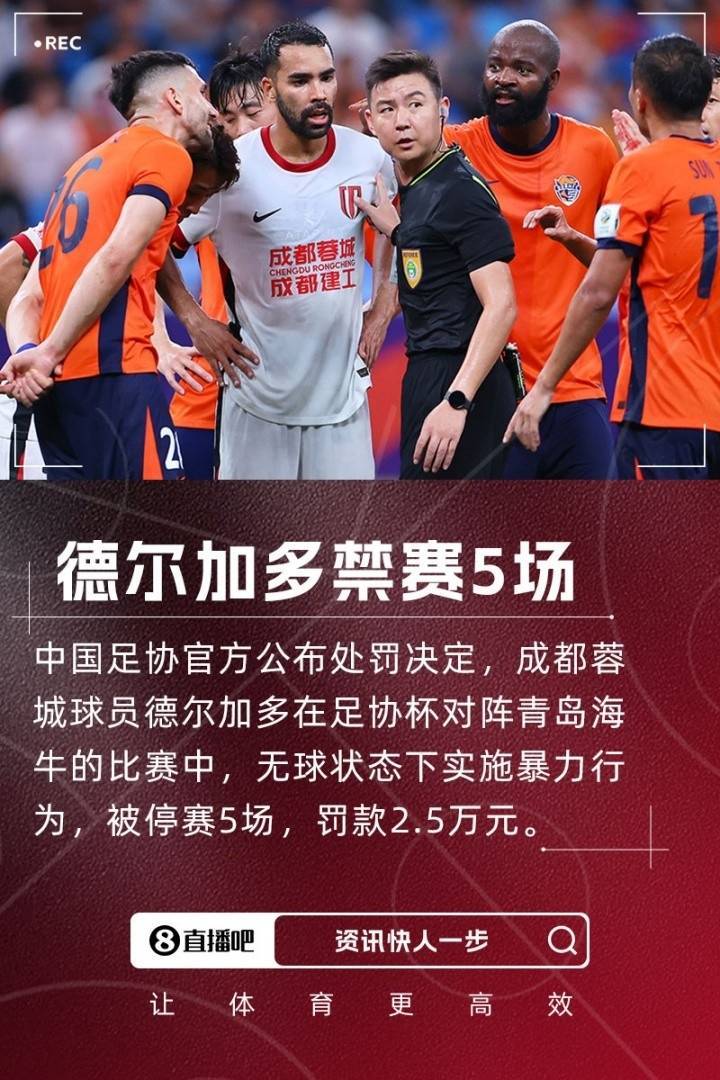 朱艺:蓉城止步足协杯半决赛,德尔加多剩余5场停赛在中超执行