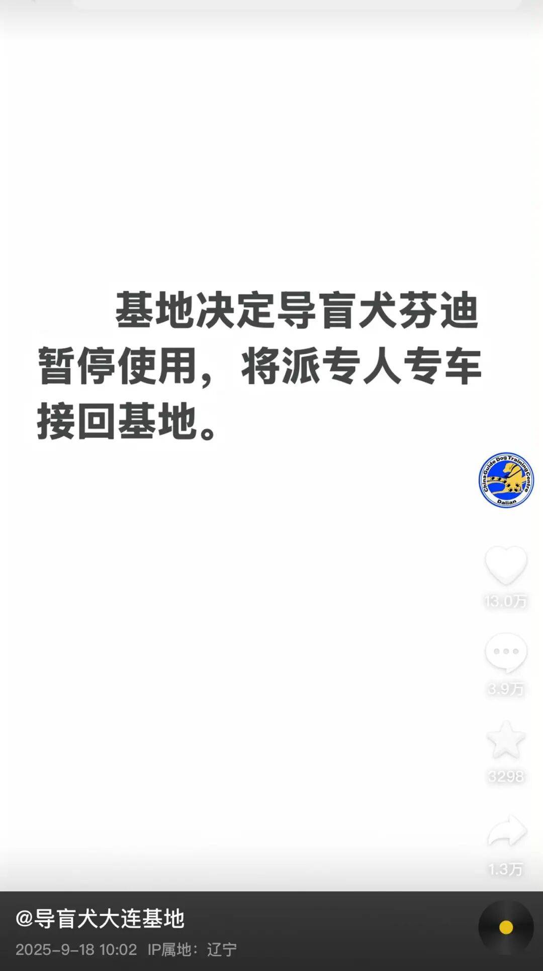 陪盲人夜爬泰山的导盲犬已被接回大连基地，训练有素的导盲犬全国仅400余只，专业人士不建议危险情况下使用